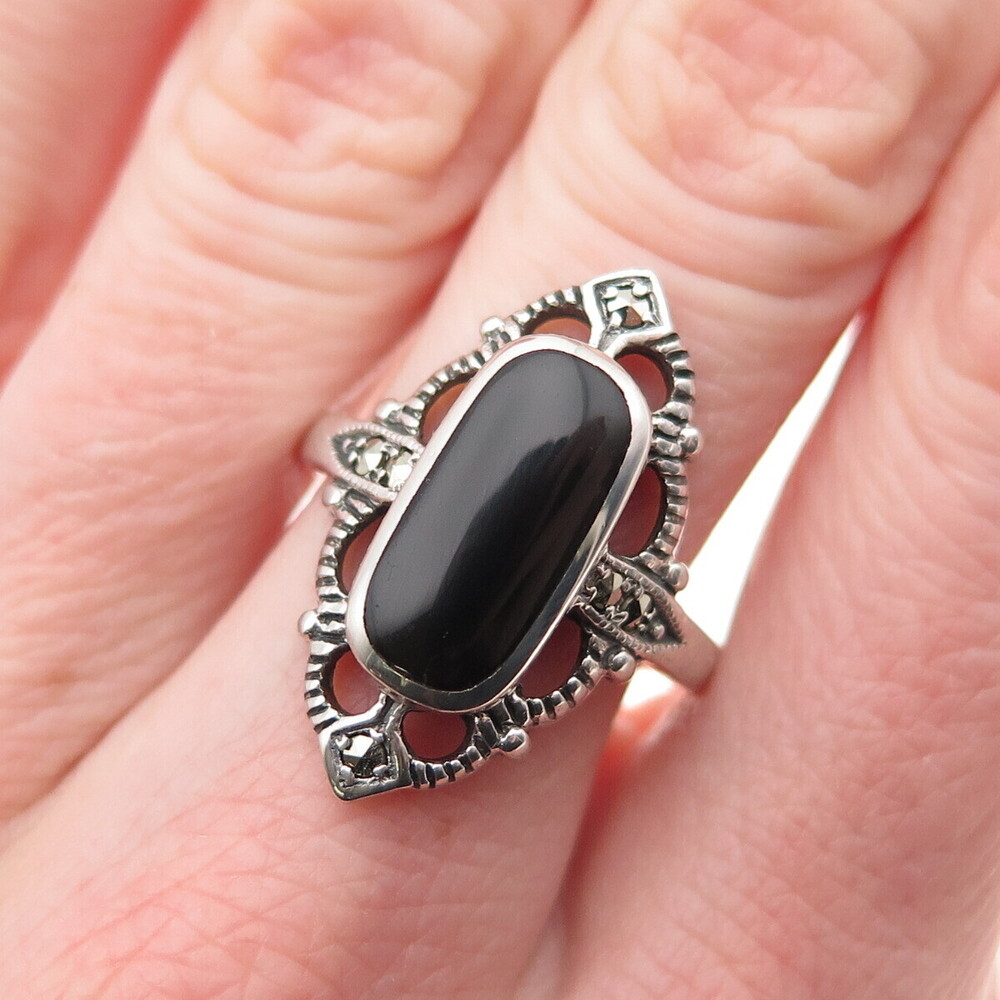 925 Sterling Silver Vintage Real Black Onyx & Marcasite Oxidized Ring Size 7.75